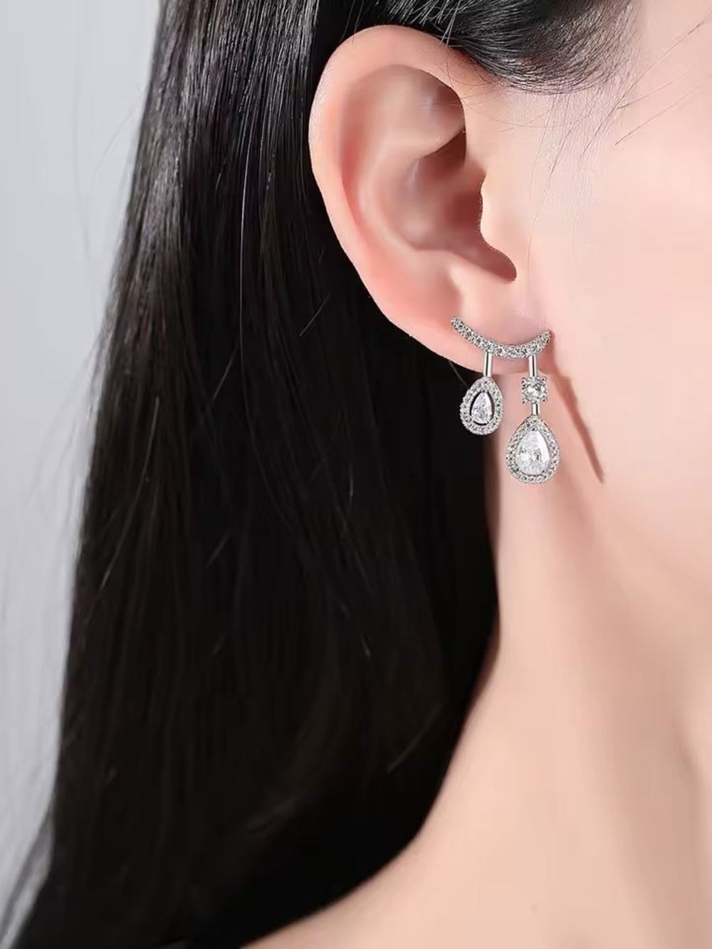 Silver Teardrop Crystal Dangle Earrings - Silver - Picture 5 of 12